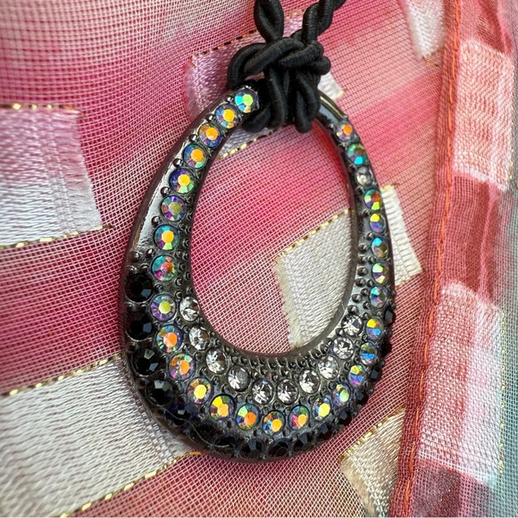 Lia Sophia Retired Black Cord Necklace w/ Sparkly Crystal Teardrop Oval Pendant - Picture 13 of 16